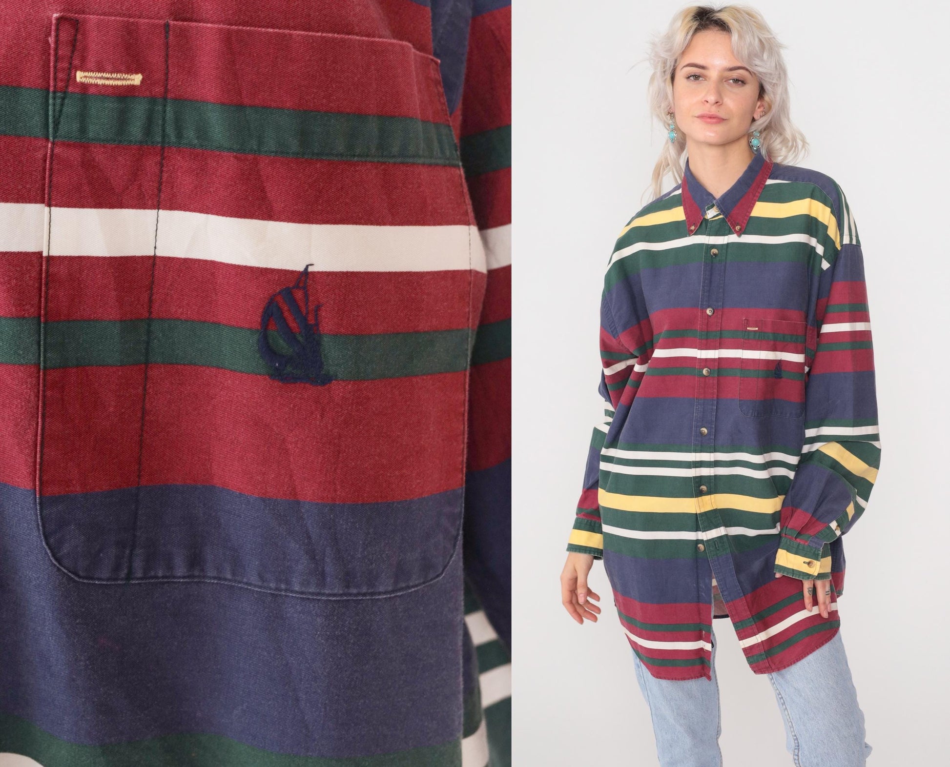 90s Nautica Striped Cotton Button Down Shirt Navy Burgundy Green XL
