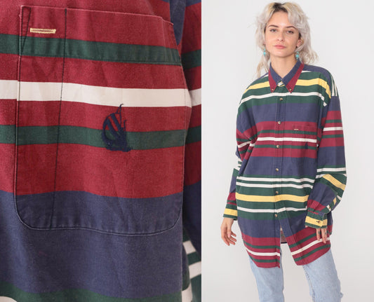 90s Nautica Striped Cotton Button Down Shirt Navy Burgundy Green XL
