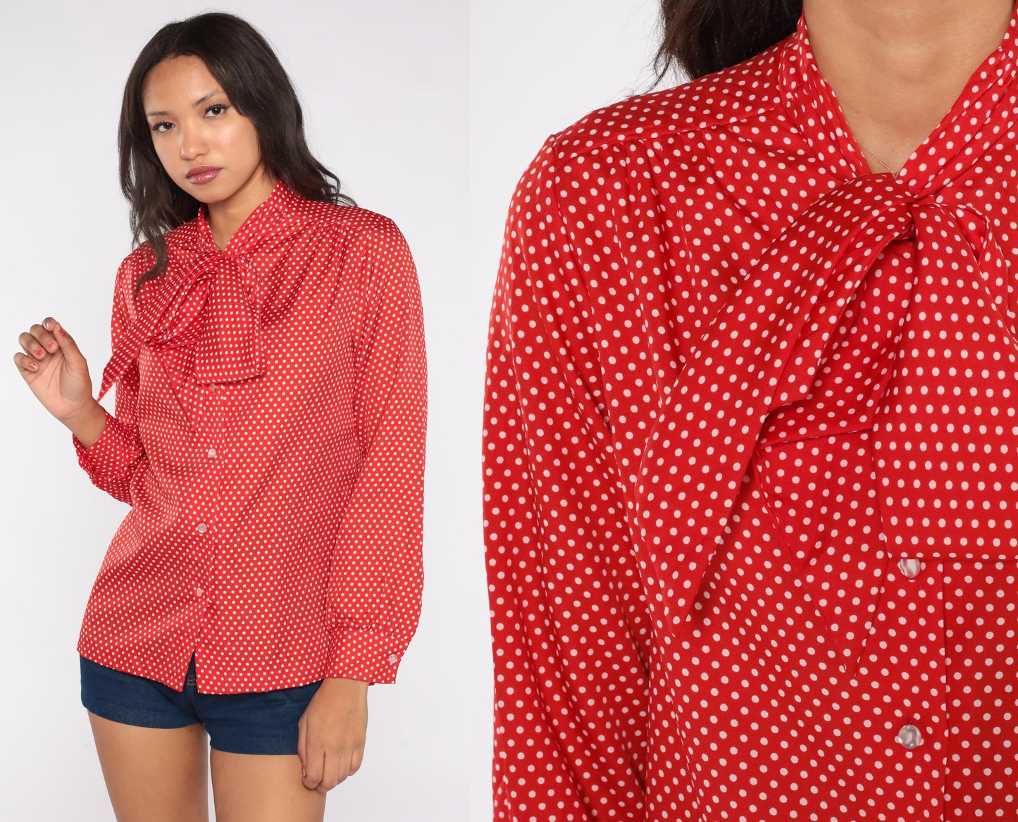 80s Lee Mar of California Red Polka Dot Pussy Bow Blouse Medium