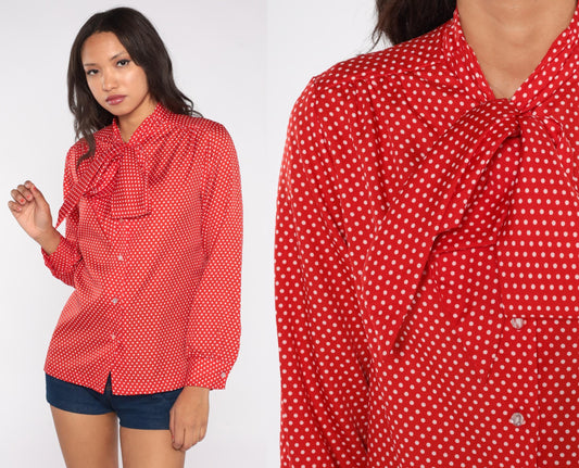 80s Lee Mar of California Red Polka Dot Pussy Bow Blouse Medium