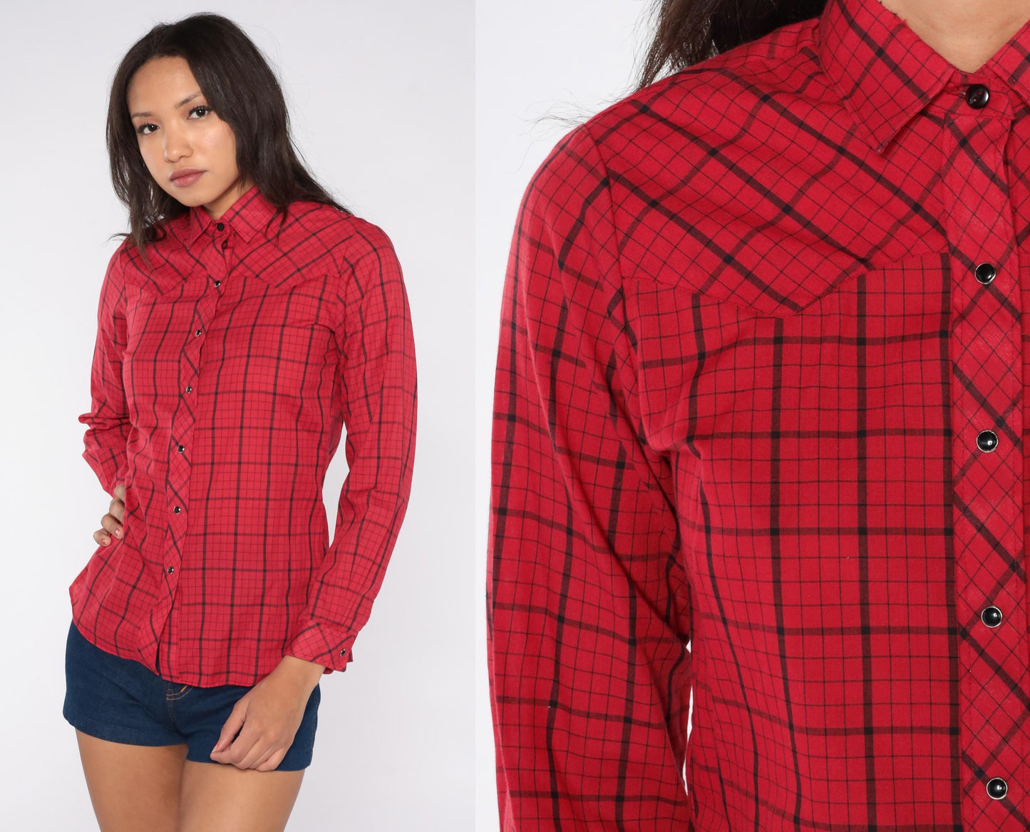 80s Cameo Rose Red Black Plaid Pearl Snap Western Shirt Small
