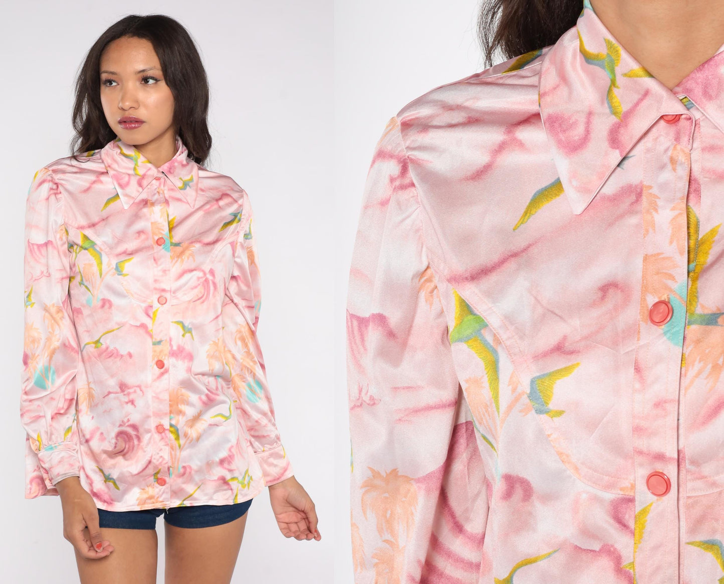 70s Pink Blouse Palm Tree Bird Watercolor Print Long Sleeve Medium