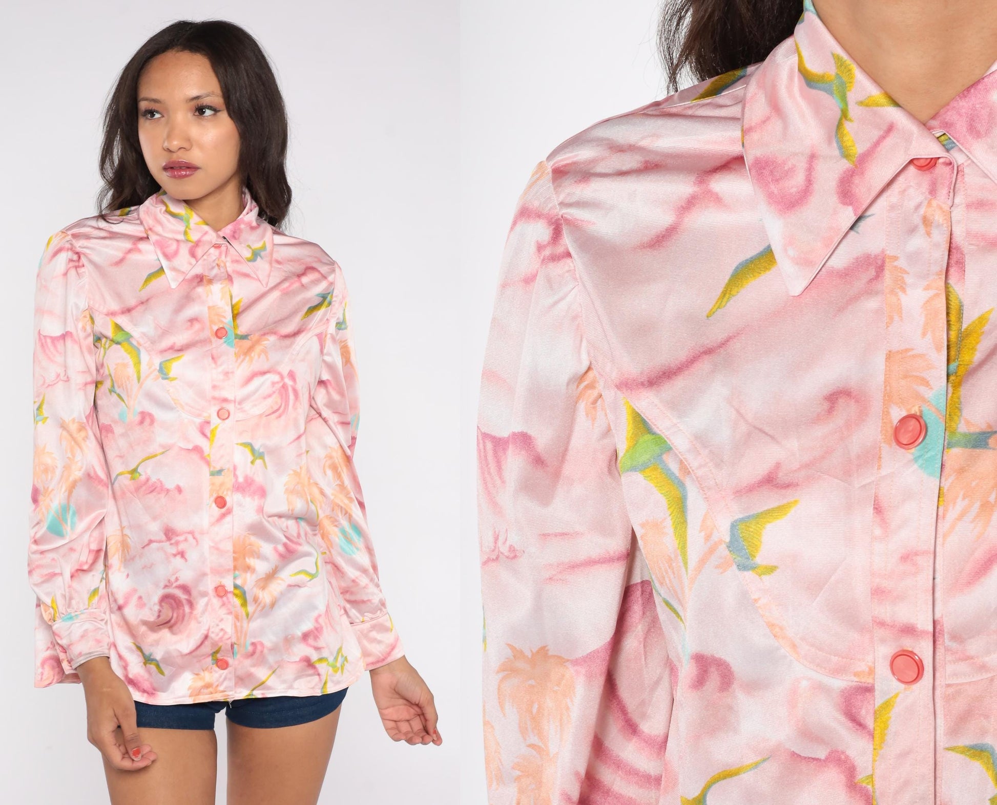 70s Pink Blouse Palm Tree Bird Watercolor Print Long Sleeve Medium