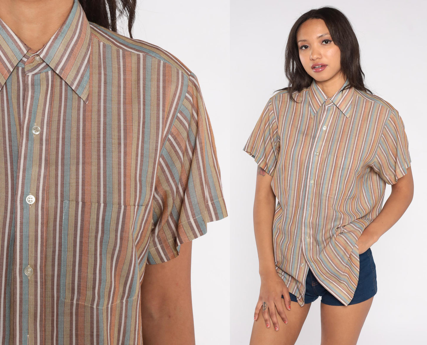 80s Exclusive Multicolor Striped Button-Down Shirt Tan Blue Peach Medium