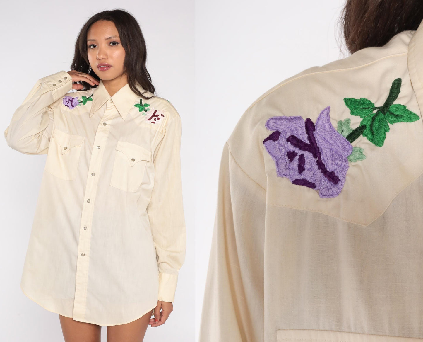 70s Lee Western Shirt Cream Floral Embroidered Pearl Snap Unisex Large