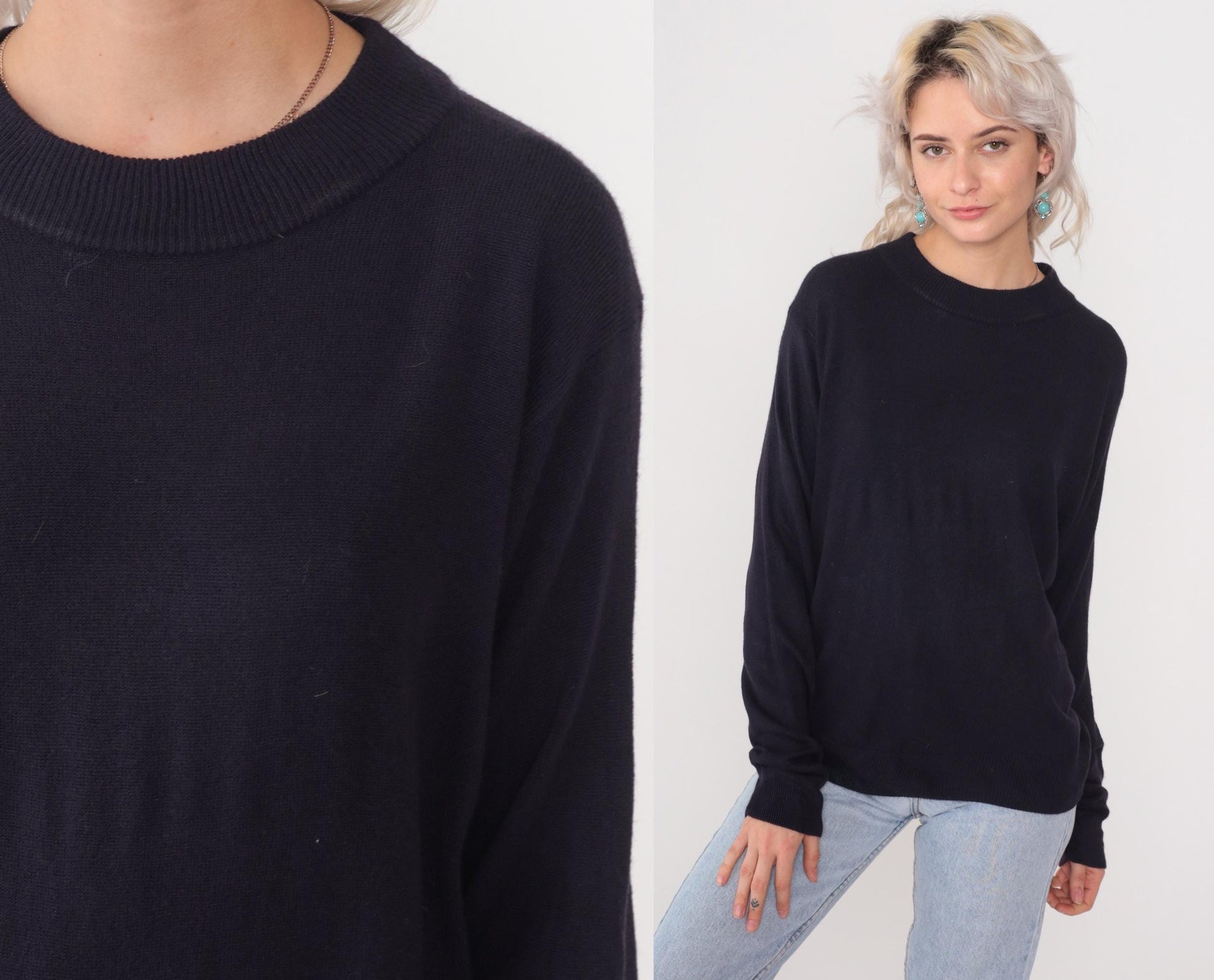 90s Black Crew Neck Sweater Drop Shoulder Pullover Medium M