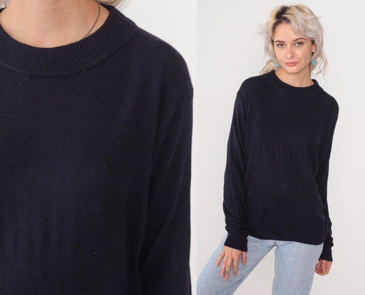90s Black Crew Neck Sweater Drop Shoulder Pullover Medium M