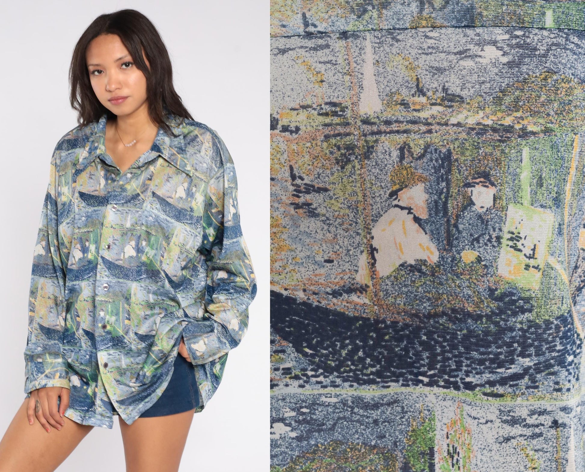 70s Claude Monet Impressionist Boating Scene Button Down Shirt Blue Green XXL