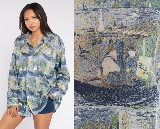 70s Claude Monet Impressionist Boating Scene Button Down Shirt Blue Green XXL