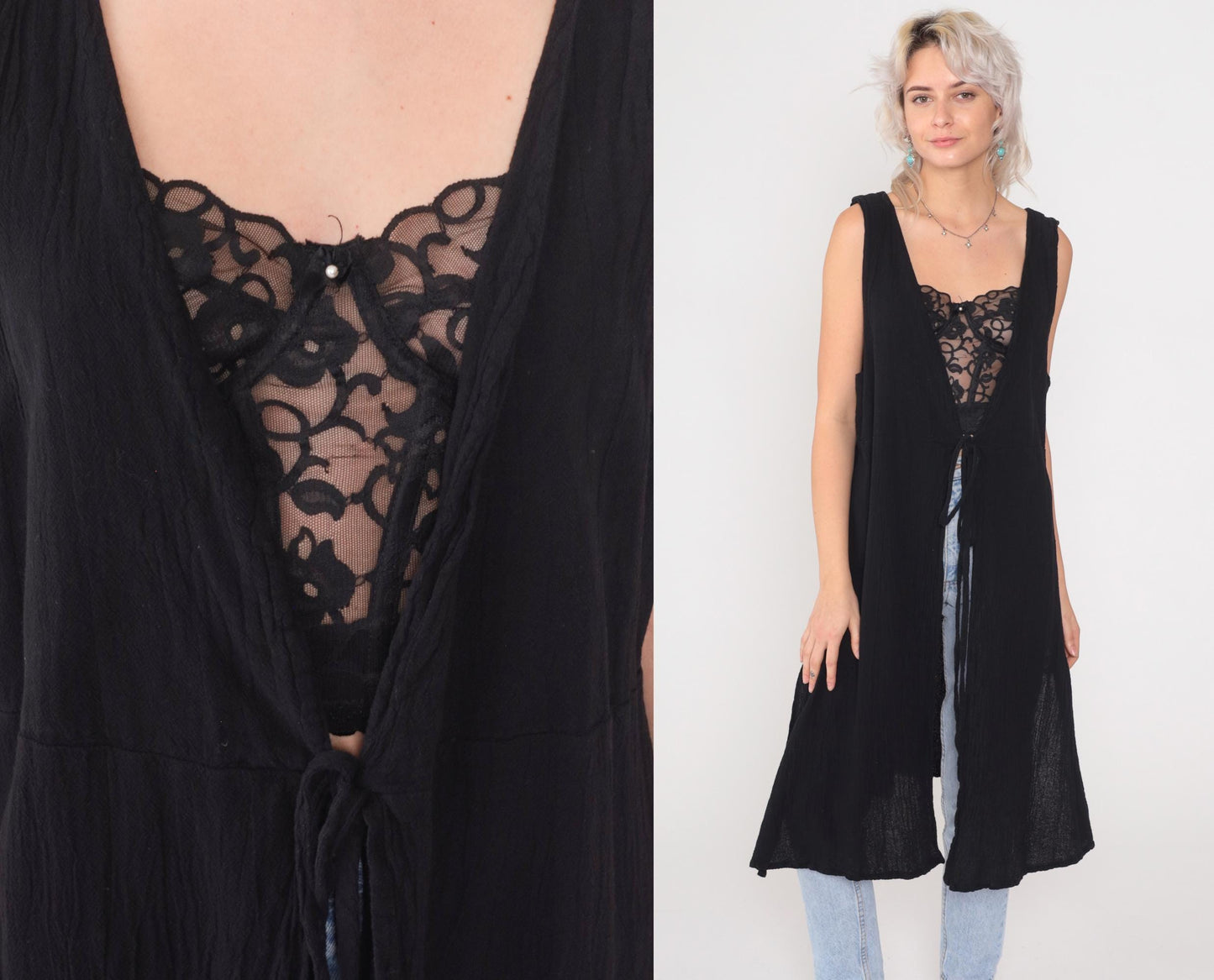 Y2K Black Cotton Vest Dress Tie Front Long Duster Side Slit Large L