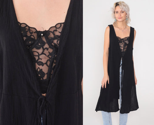 Y2K Black Cotton Vest Dress Tie Front Long Duster Side Slit Large L