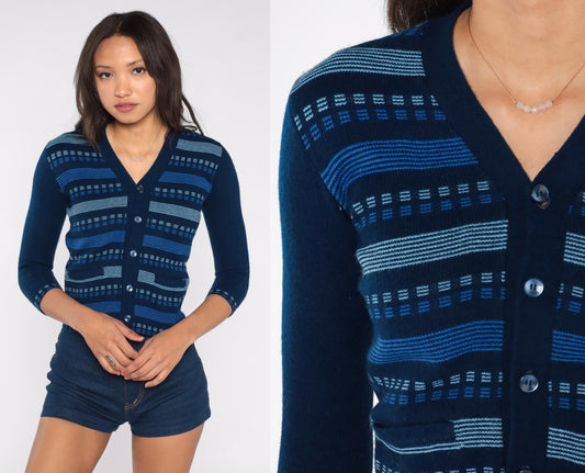 80s Navy Striped Knit Cardigan V-Neck Button Front 3/4 Sleeve Extra Small