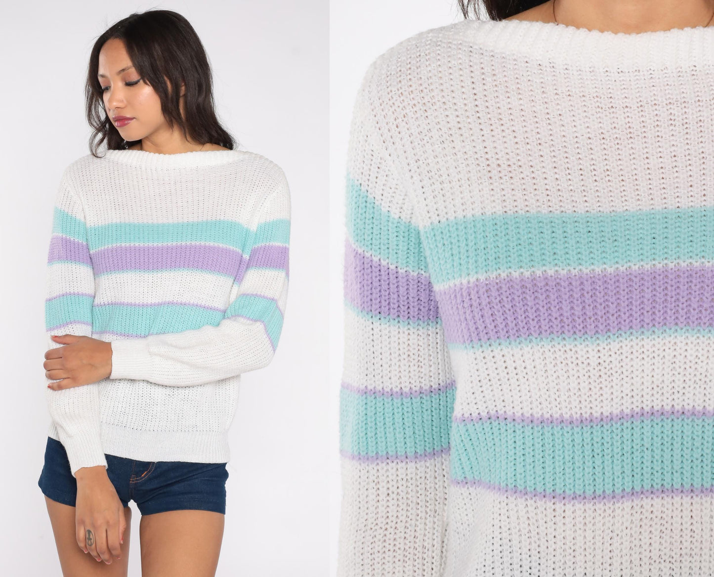 80s Green Lantern Striped Knit Sweater White Mint Lavender Small