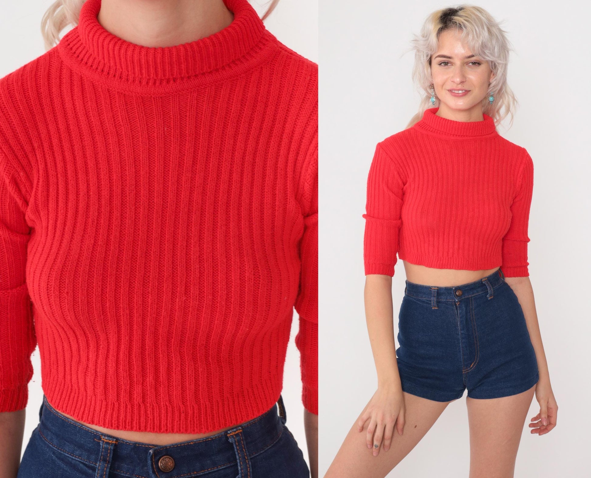70s Red Ribbed Knit Crop Sweater Mock Neck Three Quarter Sleeve Small