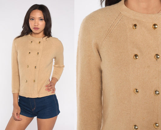 60s I. Magnin Camel Hair Cardigan Tan Gold Button Crew Neck XS