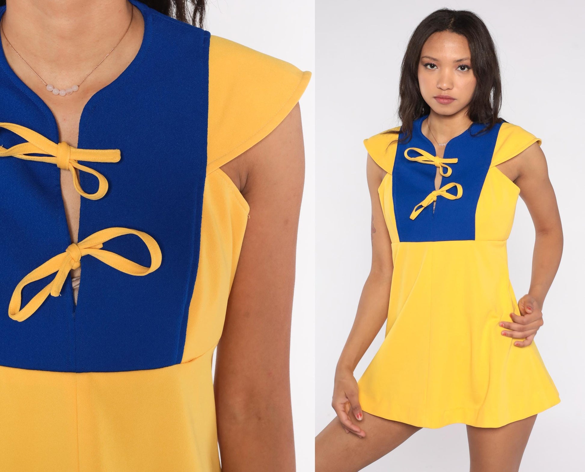 60s Space Age Color Block Mini Dress Yellow Blue Flutter Sleeve Small
