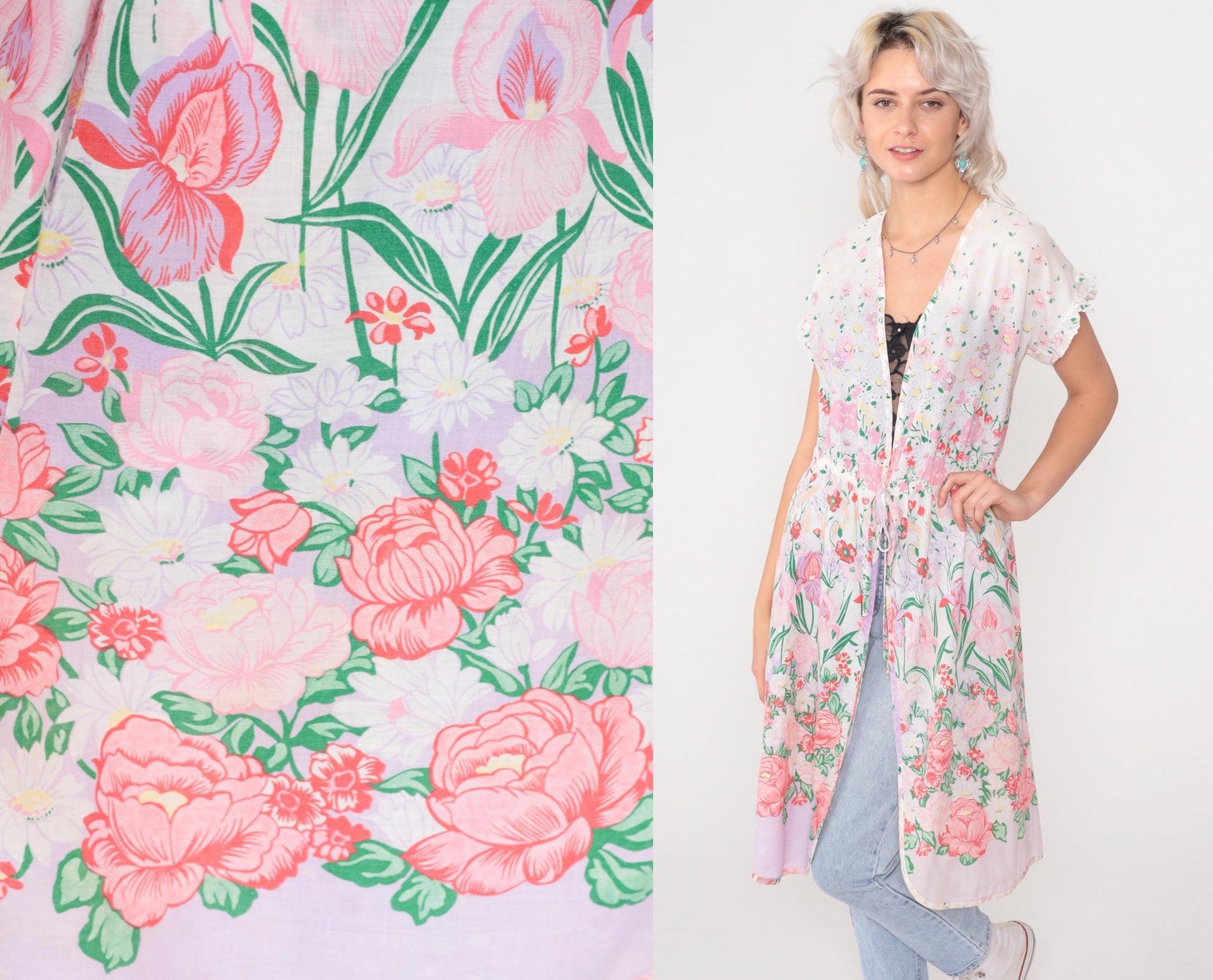 70s Pink Rose Floral Duster Jacket White Cotton Empire Waist Maxi Robe Small