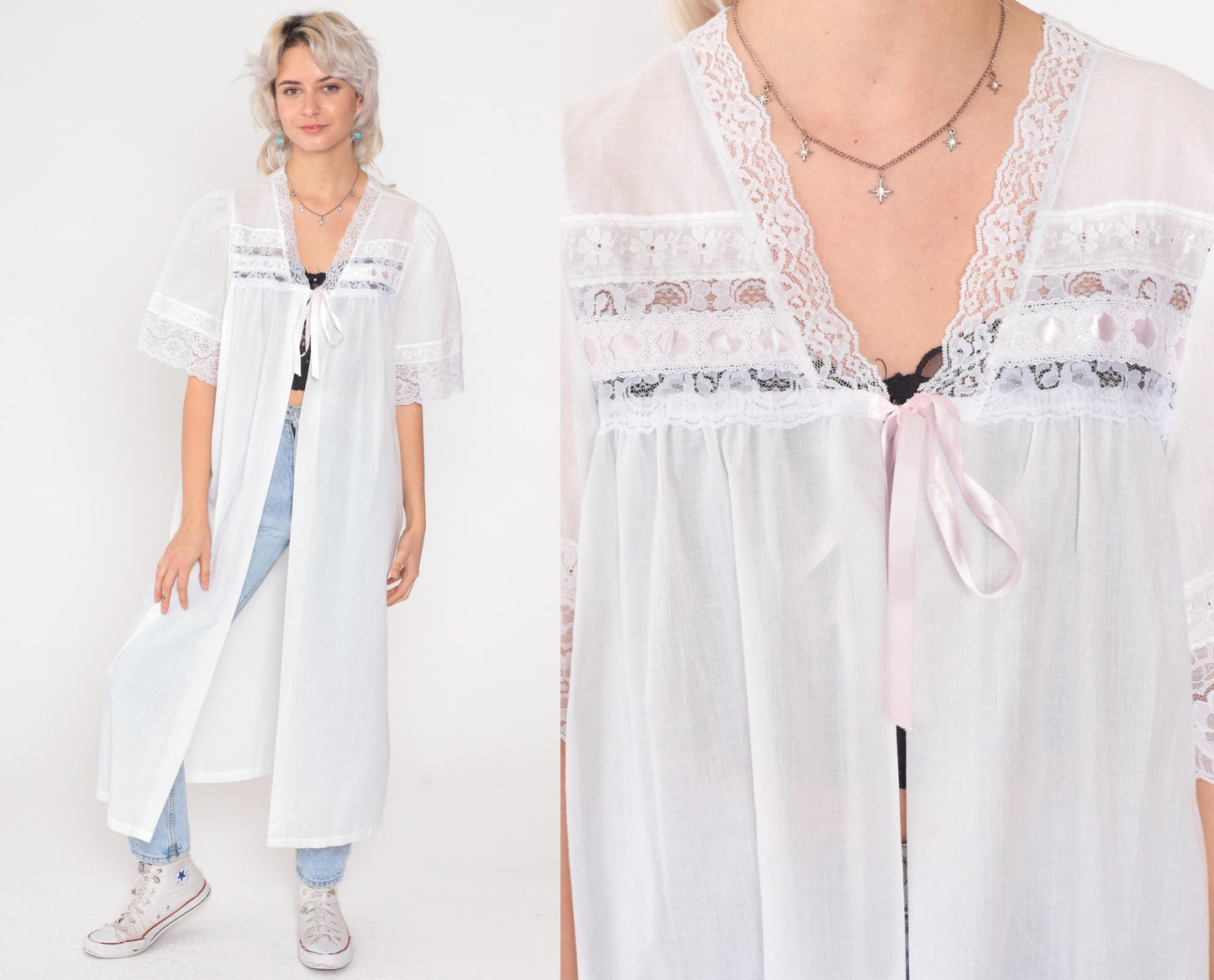 1970s White Cotton Lace Trim Maxi Robe Puff Sleeve Button Front Medium