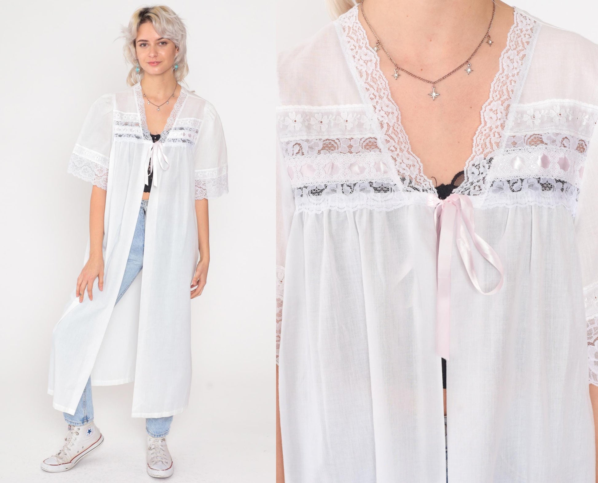 1970s White Cotton Lace Trim Maxi Robe Puff Sleeve Button Front Medium