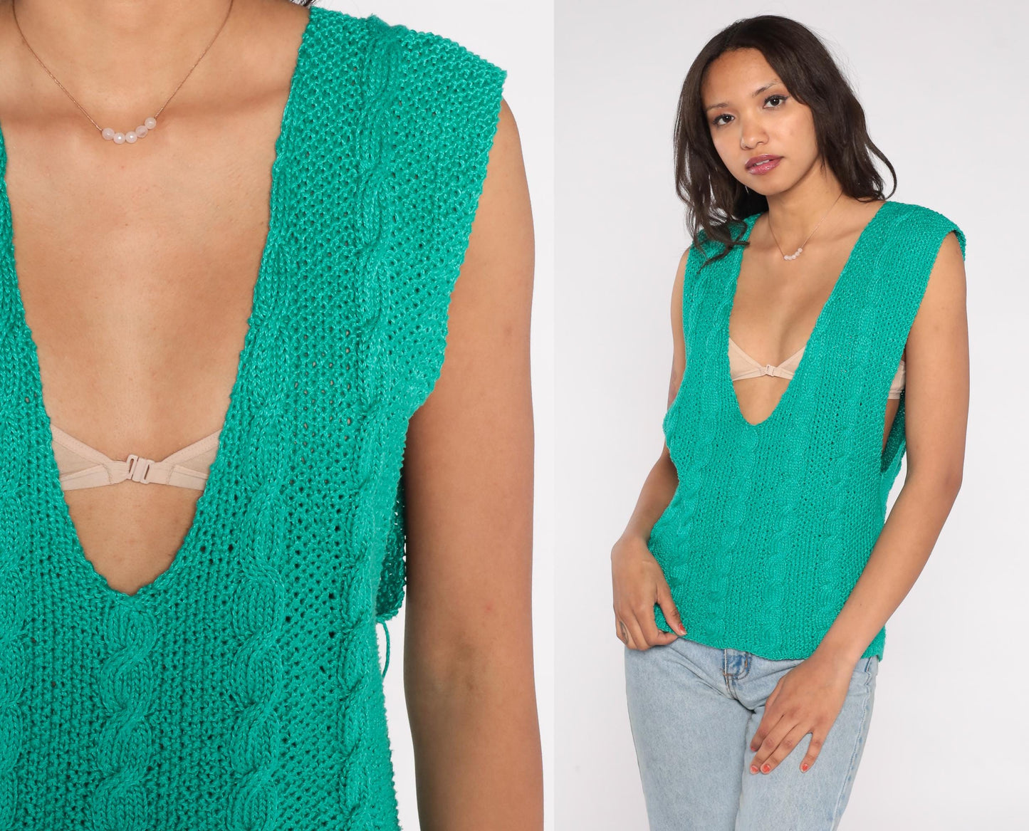 90s Emerald Cable Knit Vest Deep V-Neck Preppy Sleeveless Sweater Small S