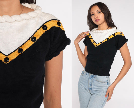 80s Lorna Adams Colorblock Knit Top Rope Collar Black Gold White Small