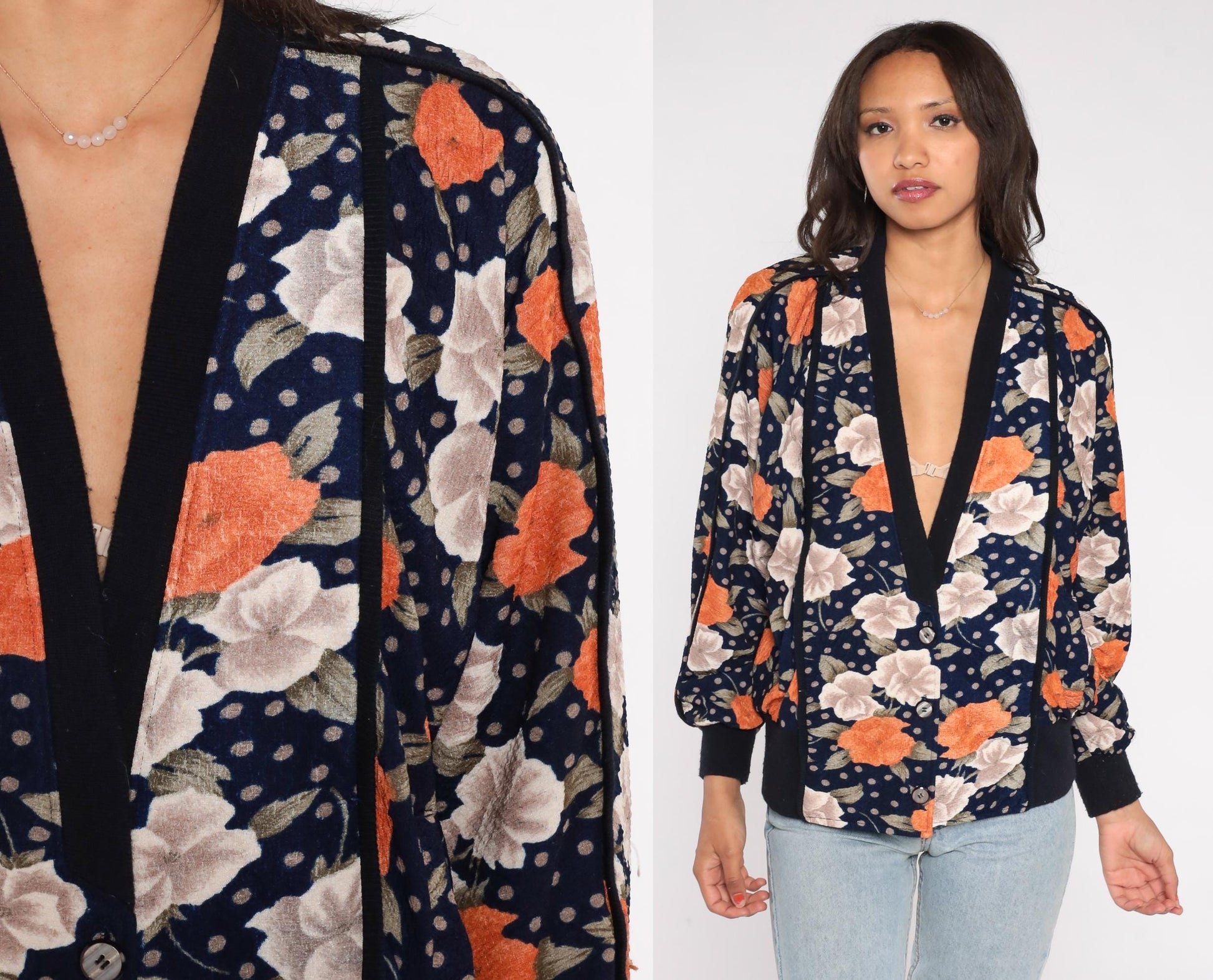 90s Navy Floral Bomber Cardigan Puff Sleeve Button Front Large L