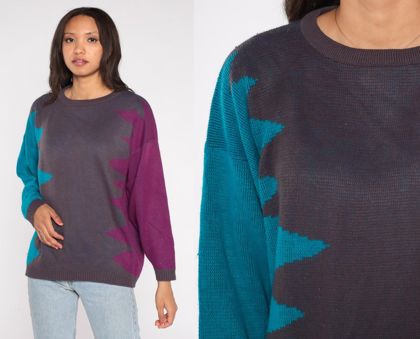 90s Geometric Color Block Sweater Teal Purple Charcoal Crewneck Medium