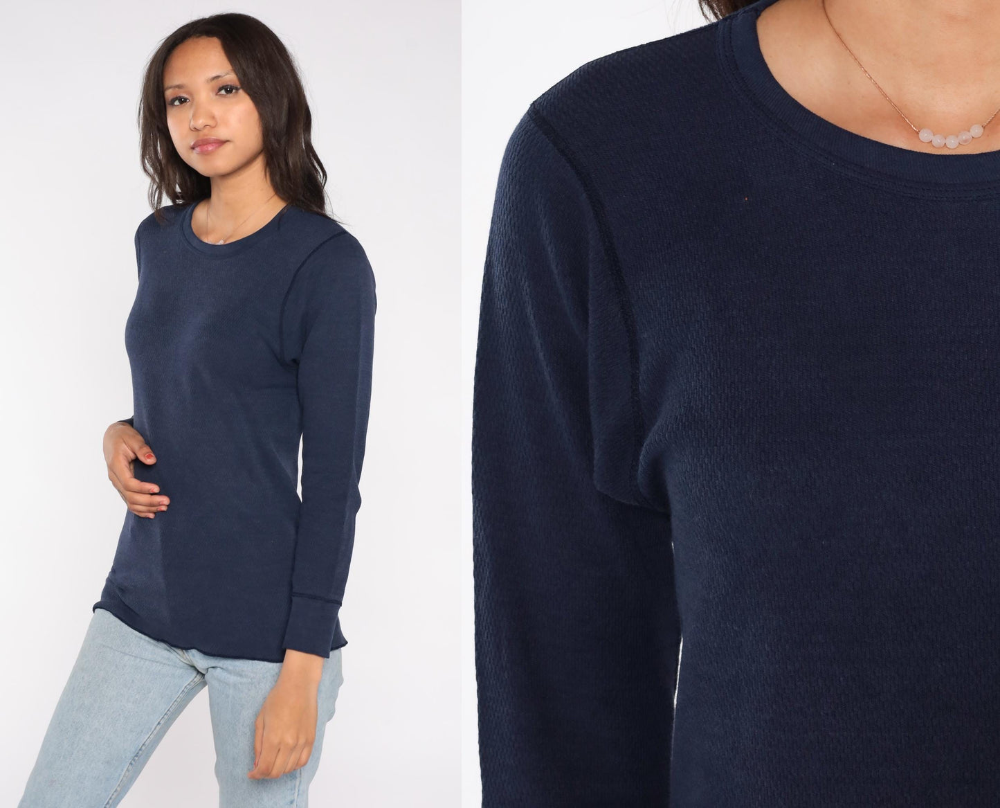 90s St. Johns Bay Navy Thermal Waffle Knit Long Sleeve Crewneck Large L
