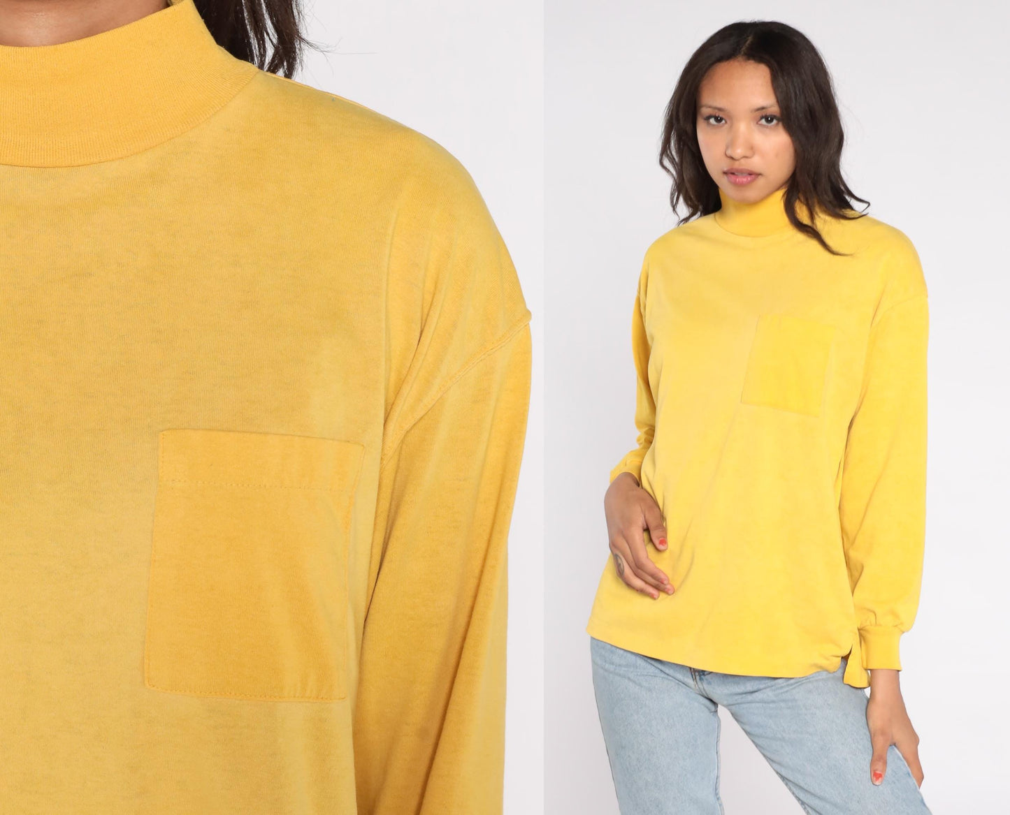 90s Cristina Yellow Mock Turtleneck Chest Pocket Boxy Long Sleeve Large L