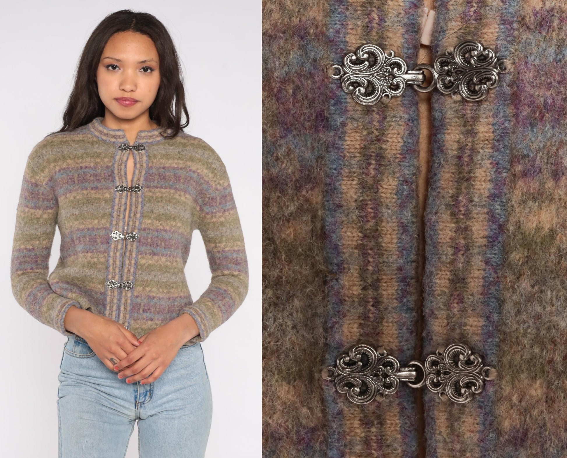 Y2K Wool Cardigan Frog Closure Sage Lavender Striped Cropped Petite Medium