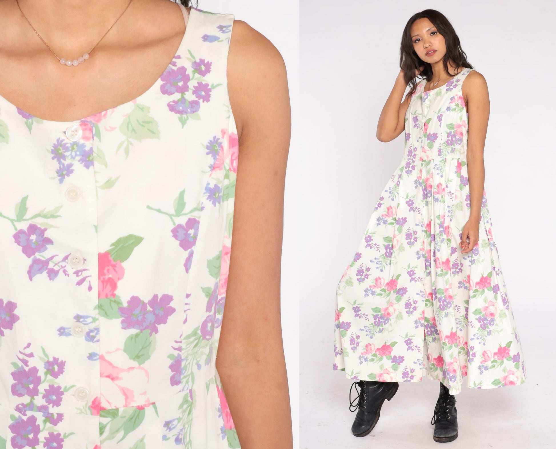 90s Chadwick's Floral Maxi Dress Button Front Cotton Scoop Neck White Pink Purple Large L