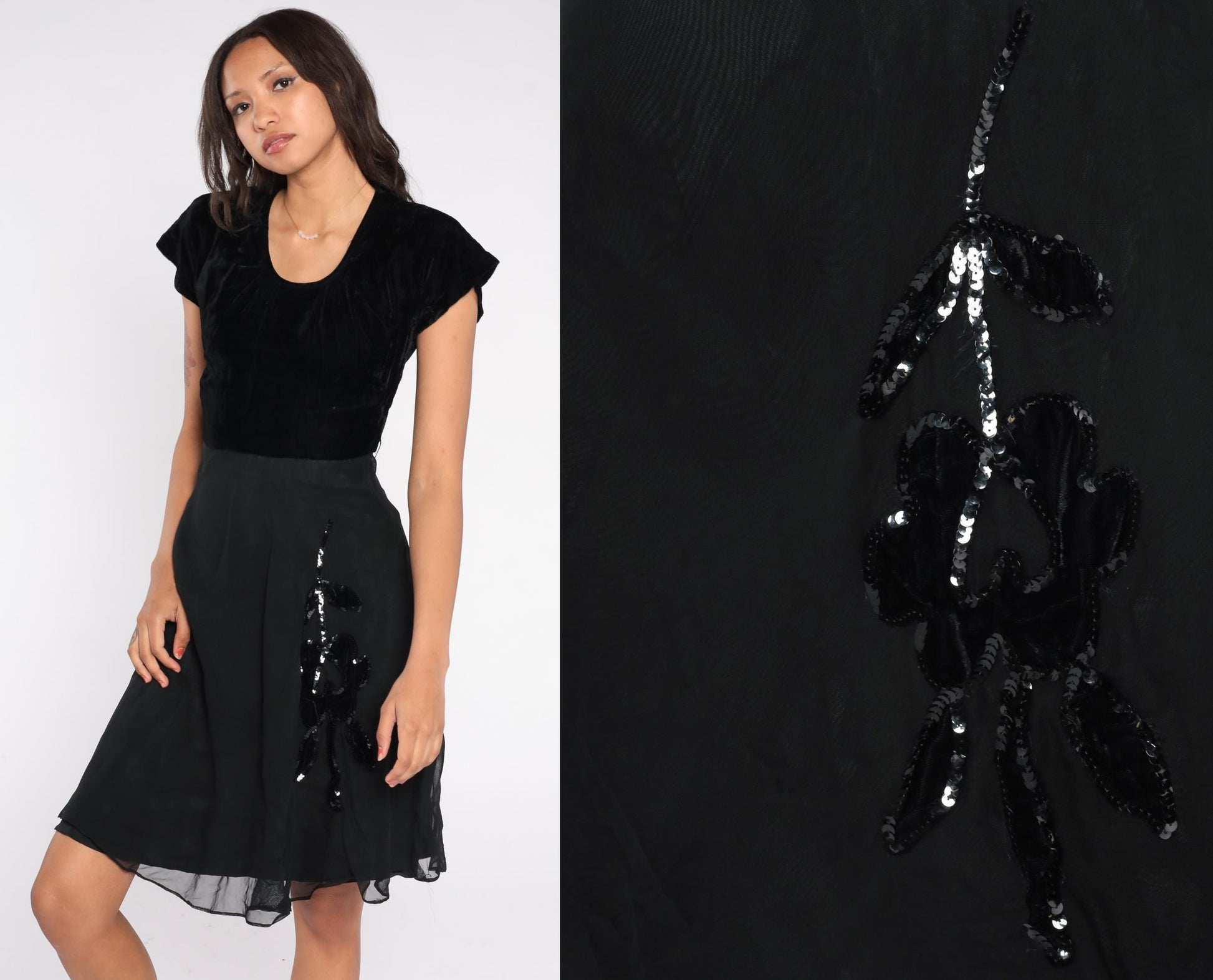 1940s Kayo Dress Black Velvet Sequin Floral Applique Fit and Flare Cocktail Dress Extra Small XS