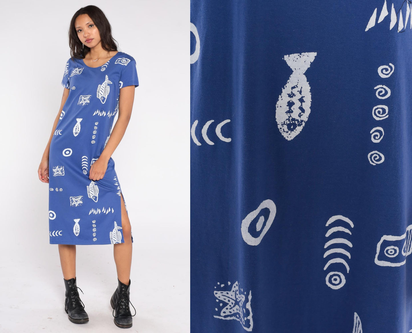 90s Exist Sport Line Blue Fish Print Midi Dress Scoop Neck Short Sleeve Small