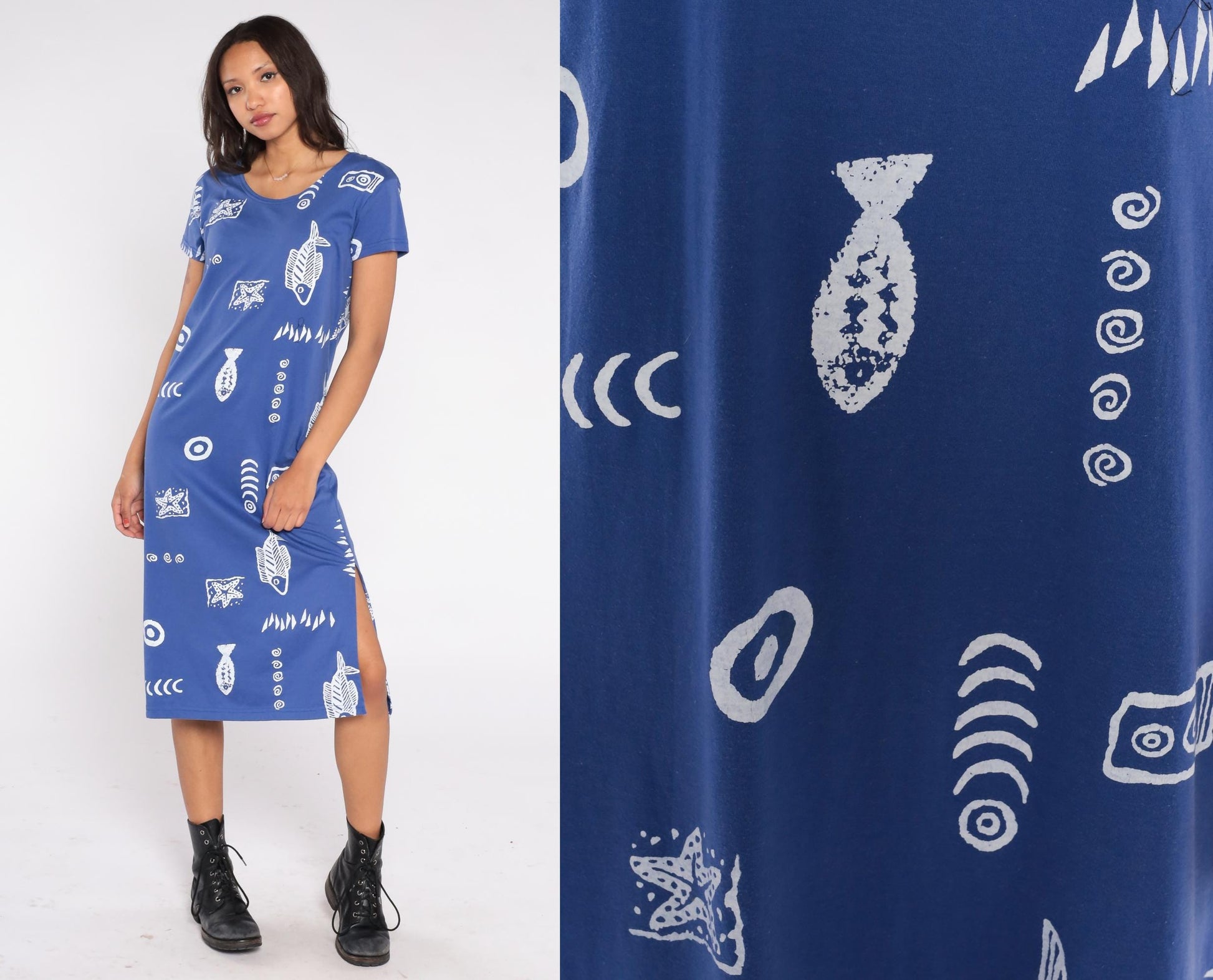 90s Exist Sport Line Blue Fish Print Midi Dress Scoop Neck Short Sleeve Small