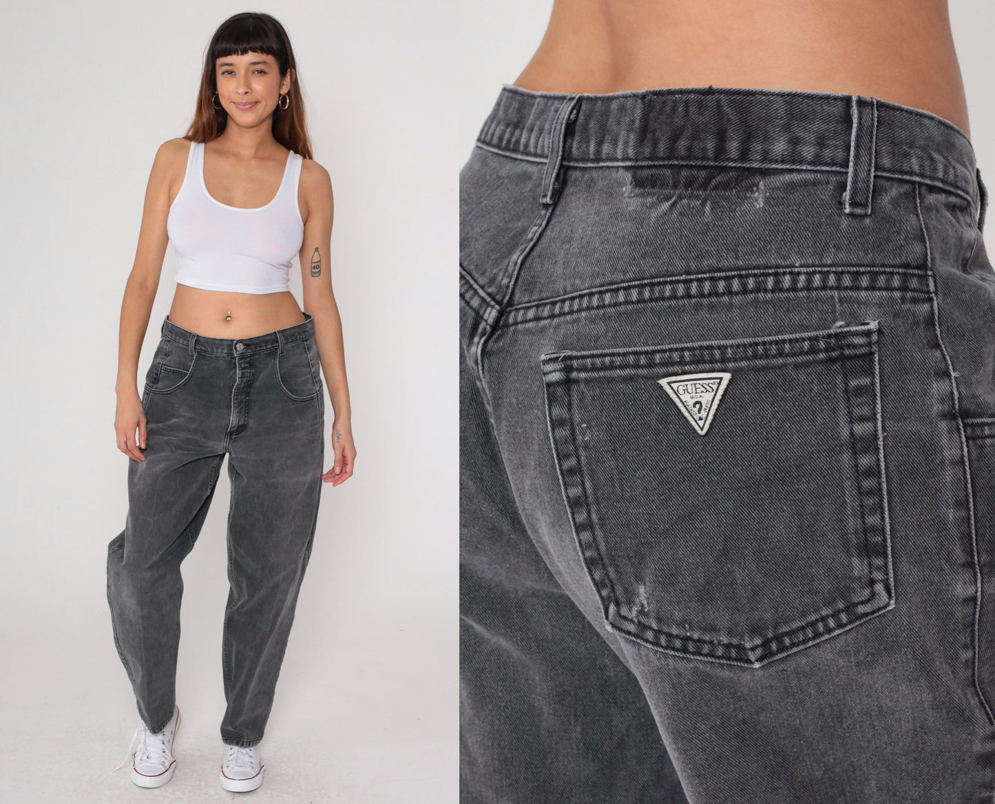 90s Guess Black Denim High-Waist Tapered Mom Jeans 34x30
