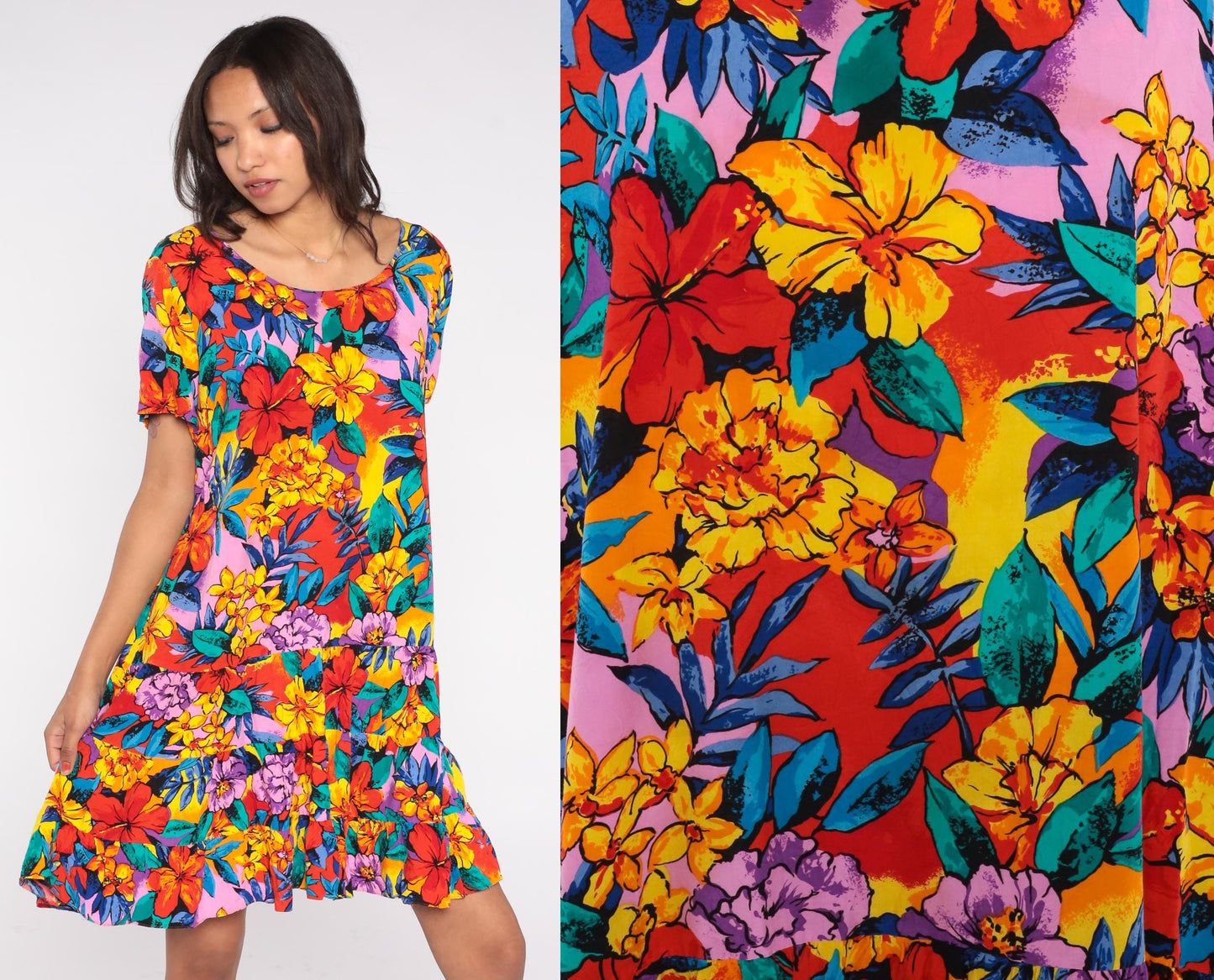 90s Tropical Floral Mini Dress Hibiscus Print Drop Waist Ruffle Medium M
