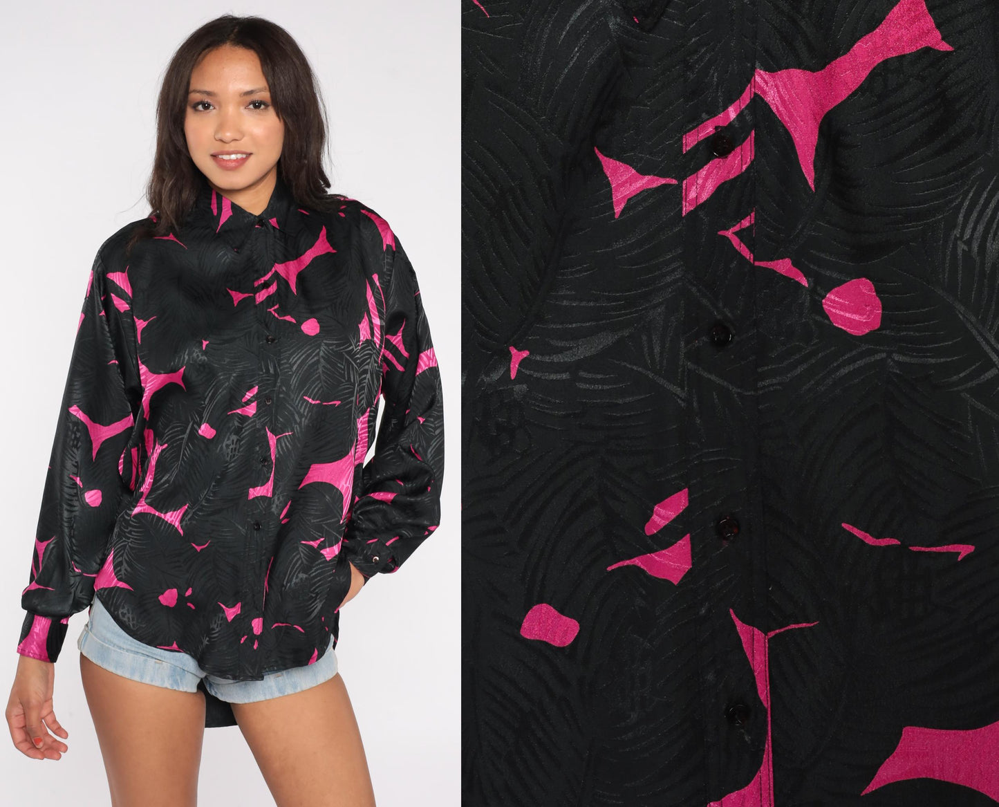 90s Termeh New York Abstract Button Down Blouse Hot Pink Black Medium