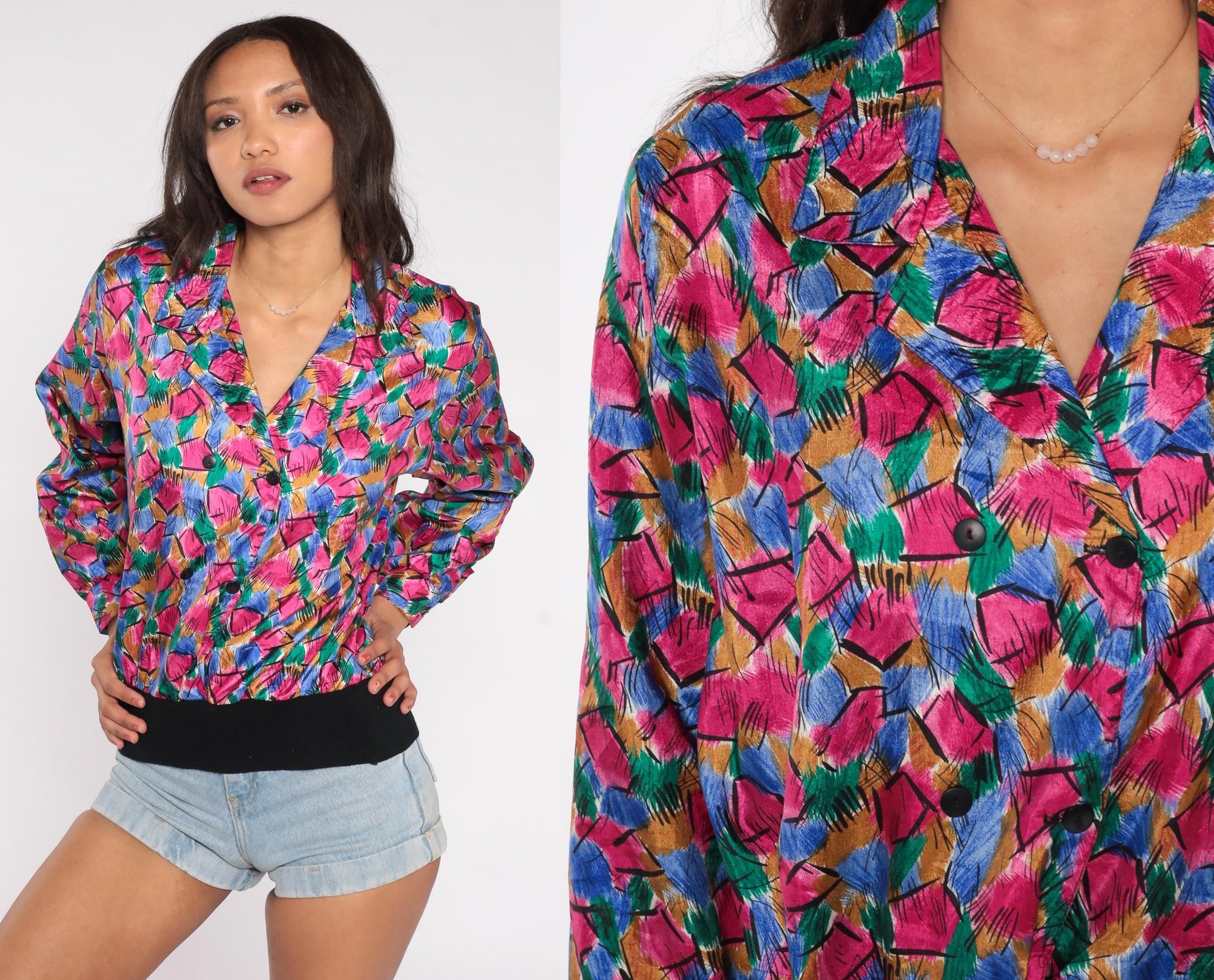 80s Petite Notations Geometric Abstract Blouse Hot Pink Blue Green Gold Black Medium
