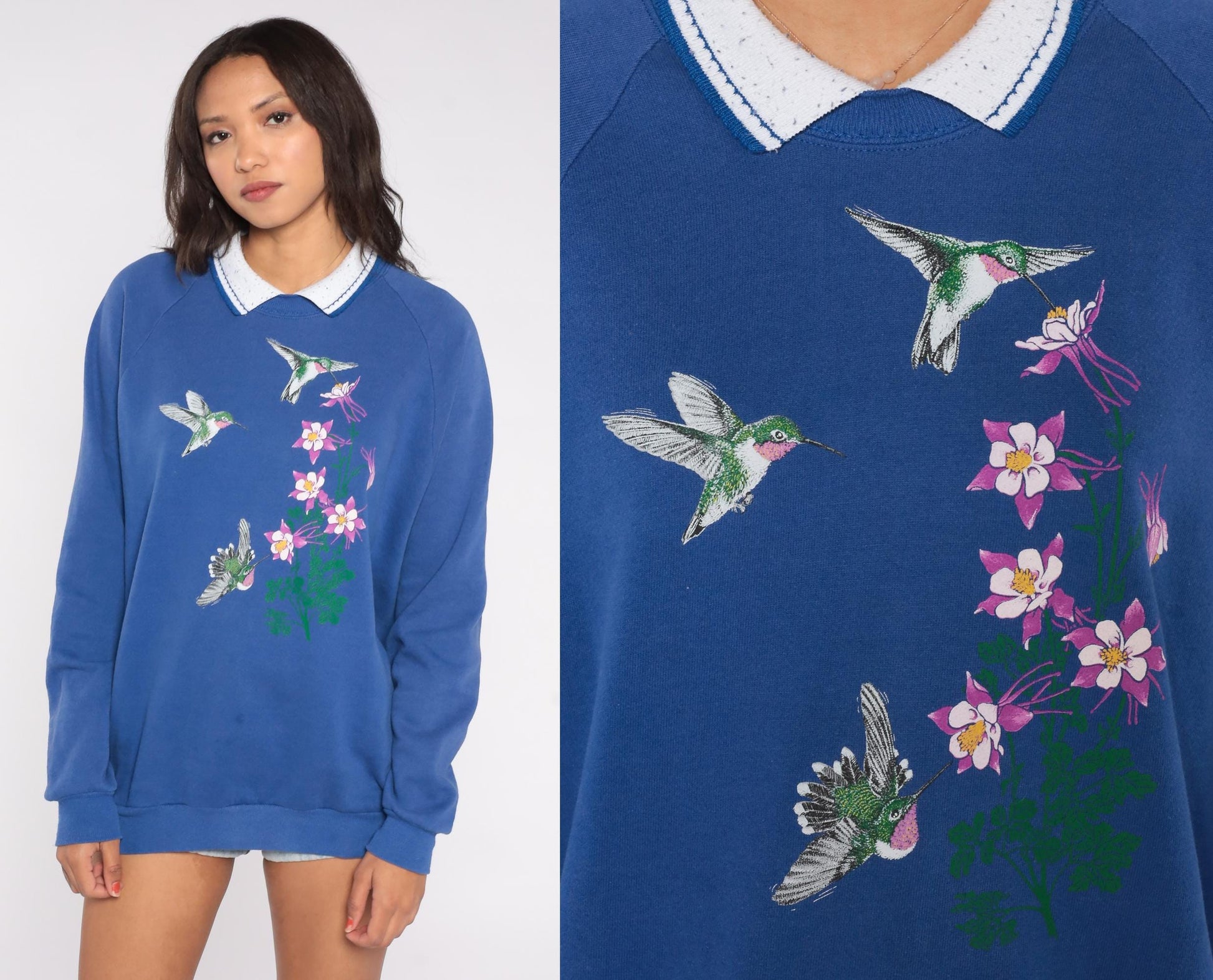 90s Hummingbird Columbine Floral Sweatshirt Blue Cotton Blend Collared Extra Large XXL