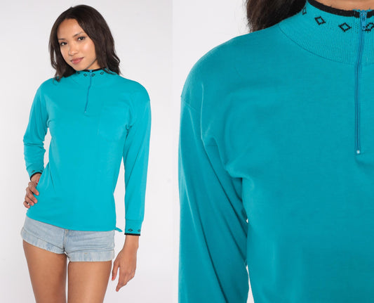 90s Tulip Turquoise Half-Zip Knit Pullover Aztec Geometric Collar Extra Small XS