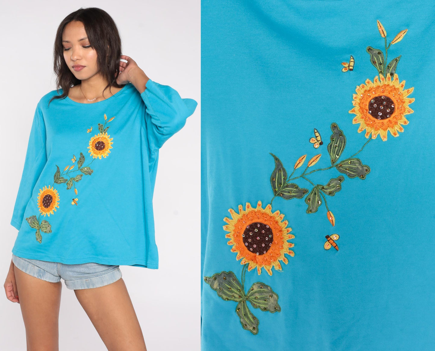 90s Sunflower Bee Embroidered Turquoise Cotton Knit Top Long Sleeve Extra Large XL