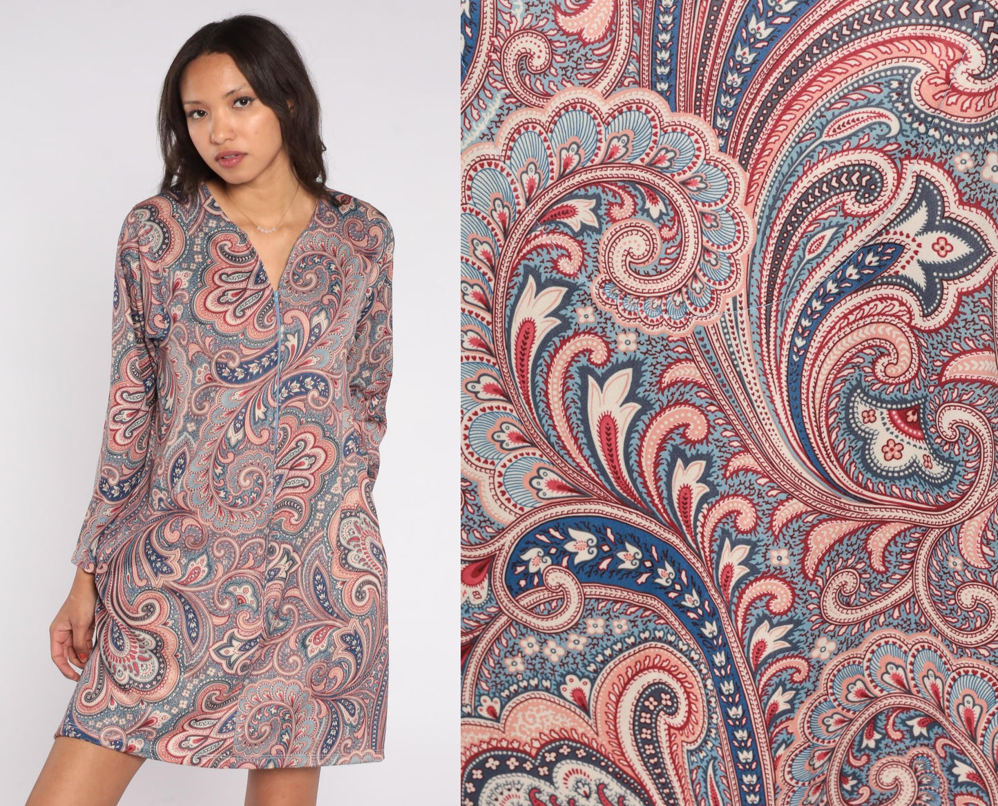 80s Paisley Mini Dress Blue Pink V-Neck Long Sleeve Zip Shift Large L