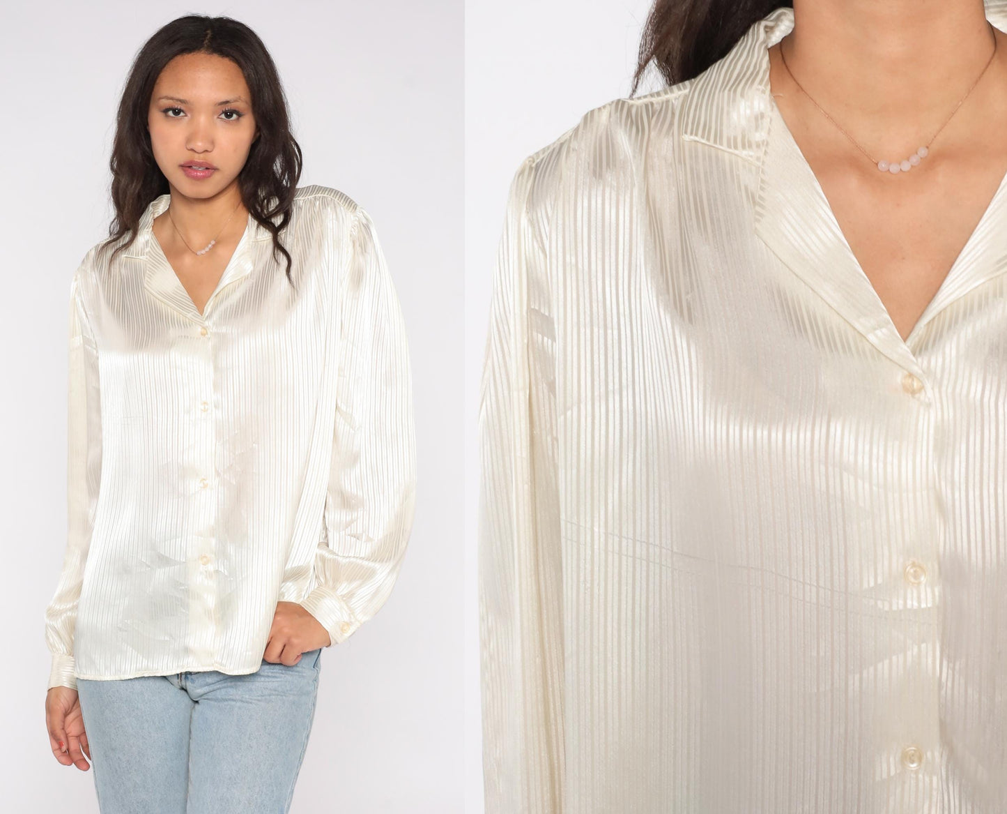 90s That's What! of California Satin Blouse Cream Striped Button Up V Neck Large