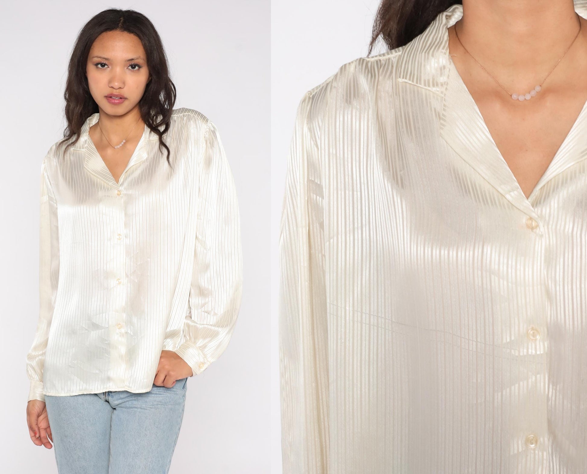 90s That's What! of California Satin Blouse Cream Striped Button Up V Neck Large