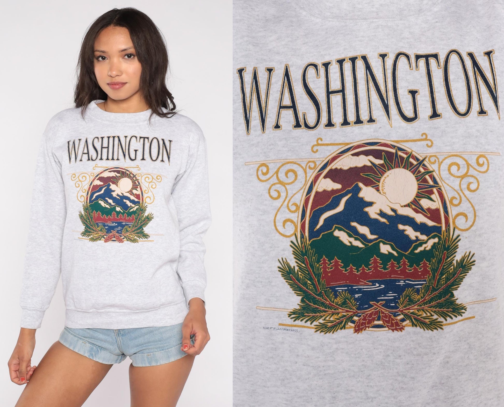 90s Murina Washington Graphic Sweatshirt Mountain Print Grey Small