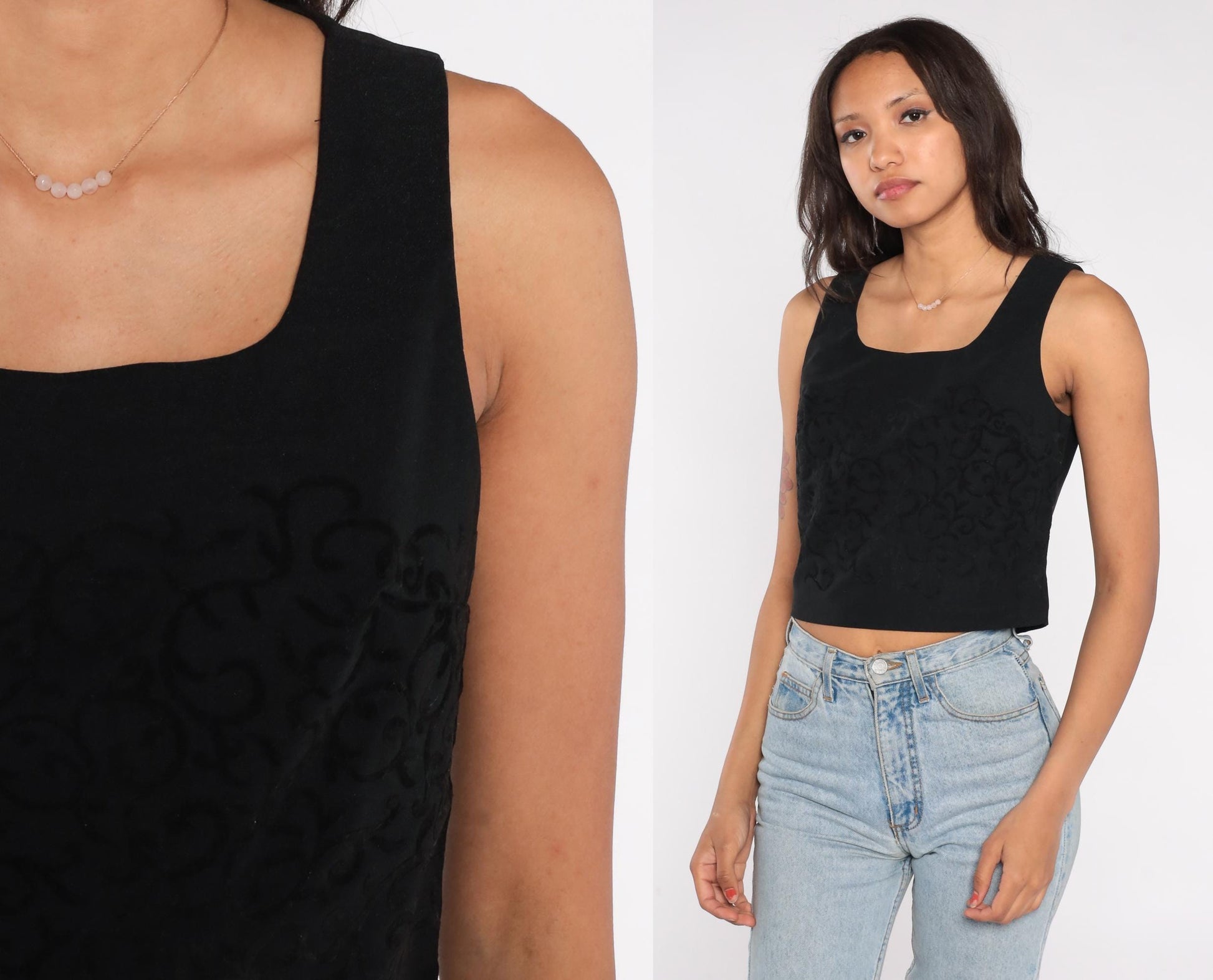 90s XOXO Black Jacquard Crop Top Square Neck Sleeveless Medium M