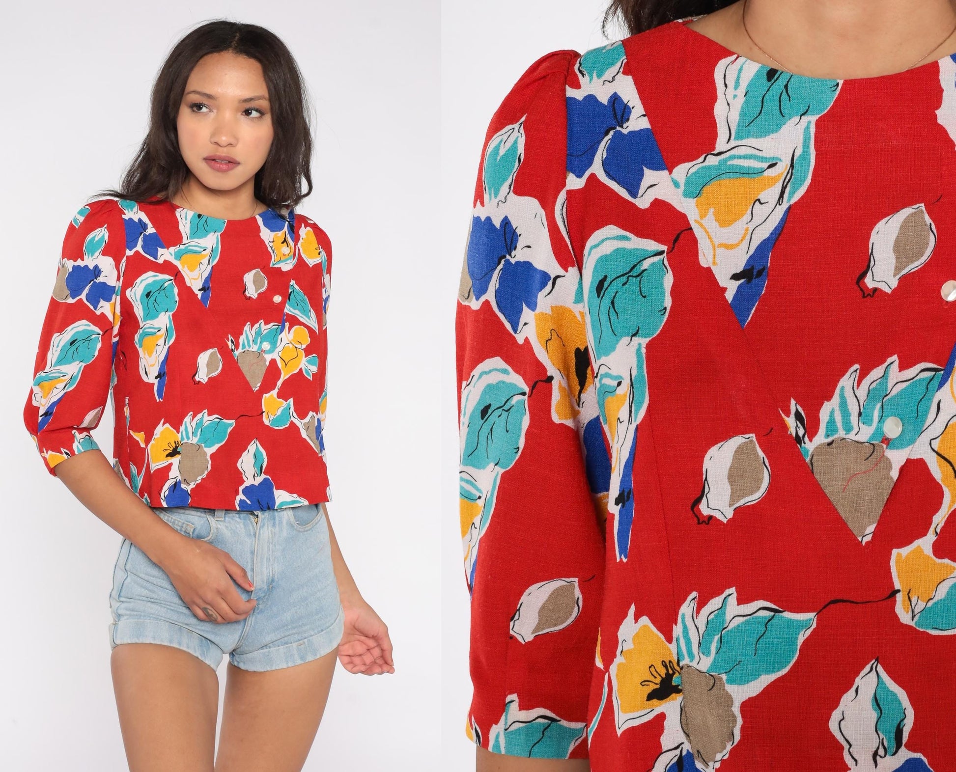 80s Abstract Floral Button Blouse Red Teal Yellow Puff Sleeve Extra Small XS