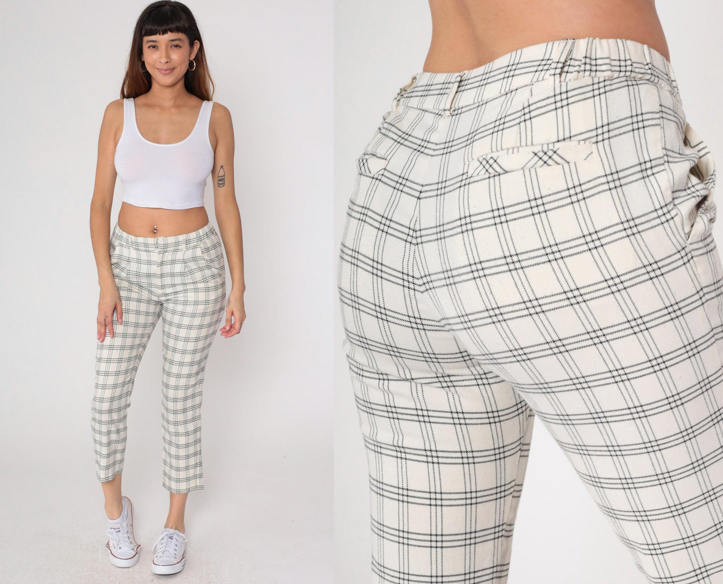 Y2K High Waist Grid Check Trousers Black White Plaid Ankle Crop Medium