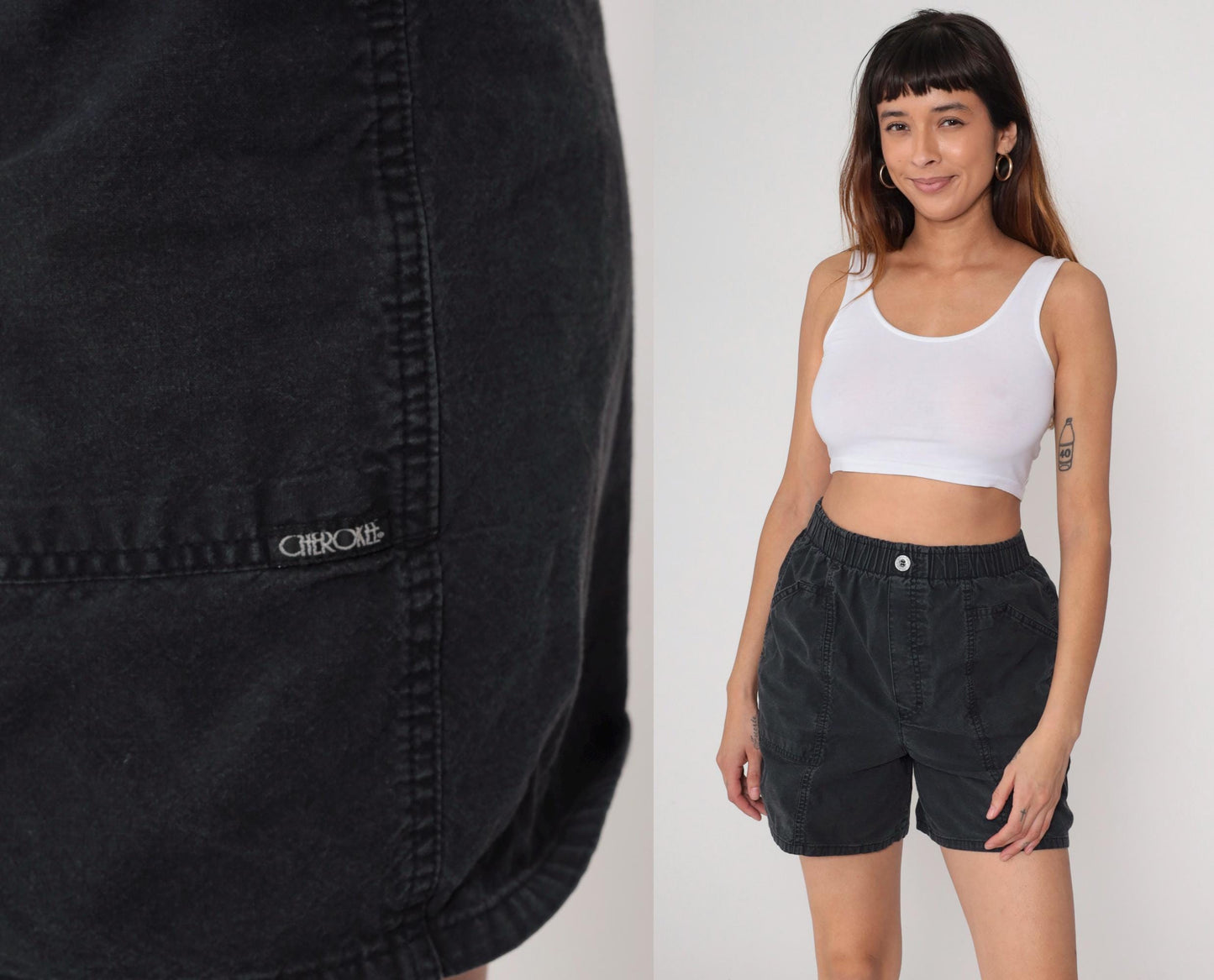 90s Cherokee Black Cotton Utility Shorts Elastic Waist Small