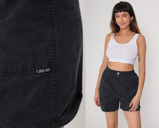 90s Cherokee Black Cotton Utility Shorts Elastic Waist Small
